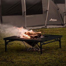 KZM OUTDOOR 露營火爐桌II 黑色 鐵網桌面 可折疊 戶外野營桌, 90cm, 90 x 90 x 29cm