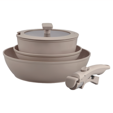 MASIONS 美心 GOOGOO系列 可拆鍋奶茶陶瓷厚釜鑄造不沾鍋3鍋5件組, 煎炒鍋 + 平底鍋 + 奶鍋 + 可拆手柄 + 鍋蓋, 斑鳩灰, 1套