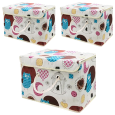 日式棉麻收納盒 衣物/摺疊/雜物/布藝/玩具收納, 37 x 25 x 2cm, 貓頭鷹, 3個