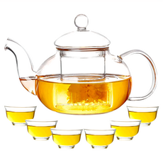 AHOYE 耐熱玻璃泡茶杯壺組 透明耐熱玻璃 家庭聚會適用, 1組, 透明色, 玻璃壺 + 玻璃茶杯 6個
