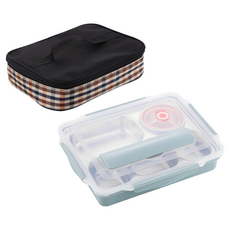 Mega 北歐304不鏽鋼分格便當盒組, 加大, 藍色, 31x24x6公分, 便當盒 + 餐具 + 湯碗 + 便當袋, 1組