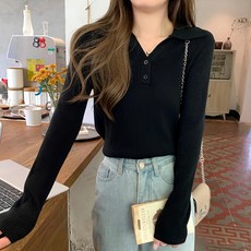 翻領小V領鈕扣長袖打底衫, 肩寬37 x 胸寬40 x 袖長49cm 全長52cm, 黑色