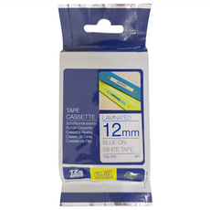 兄弟牌 標準黏性護貝標籤帶 TZe-233 12mm, 白底藍字, 8m