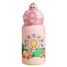 SUnORO 316不鏽鋼兒童保溫水壺/卡通背帶保溫杯/幼稚園吸管水杯 帶鎖扣, 粉色, 500ml, 1個