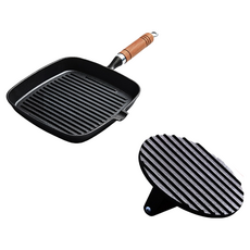 上手家居 鑄鐵壓肉板牛排鍋組 牛排鍋 + 壓肉板 22cm - 導熱均勻、條紋設計, 1組