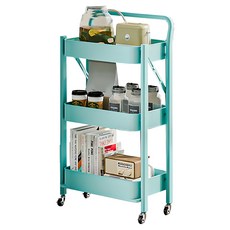 小麥購物 多功能落地廚房置物小推車 扶手款 L1238, 藍色, 3層