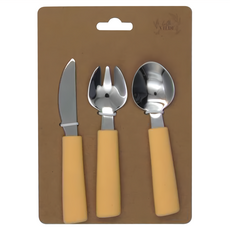 By Lille Vilde 不銹鋼餐具3件組 食品級矽膠握柄, 湯匙 + 叉子 + 刀子, 鵝黃色, 1組