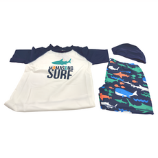 momasong 男童分體泳衣 長袖上衣+泳褲有綁帶+帽 字母鯊魚, 深藍, 12