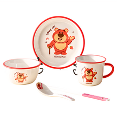 TOY STORY 玩具總動員 奇趣一人食 五件組 陶瓷餐具套裝, 盤子 + 碗 + 杯 + 勺子 + 筷子, 草莓熊 白色, 1組