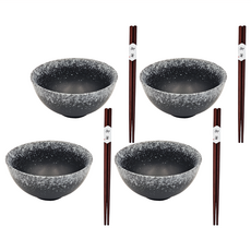 JUST HOME 日式質感碗筷, 碗4個 + 筷子4雙, 墨黑色, 1組