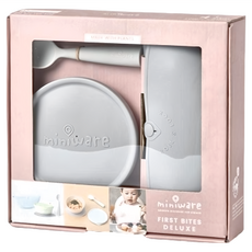 Miniware 新生寶寶Deluxe組 - 芝麻冰淇淋, 碗 + 矽膠吸盤 + 矽膠上蓋 + 矽膠圍兜 + 矽膠湯匙 + 圍兜, 1組