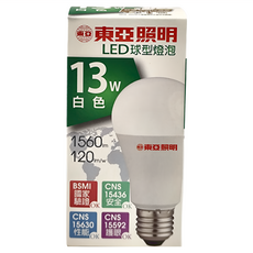 TOA 東亞照明 LED球形燈泡 13W 1560lm E27, 自然光, 1個