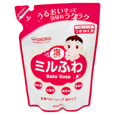 WAKODO 和光堂 潤澤嬰幼兒沐浴泡 補充包, 慕斯型 無香料, 新生兒適用, 容易清洗, 對寶寶肌膚不乾燥, 400ml, 1包