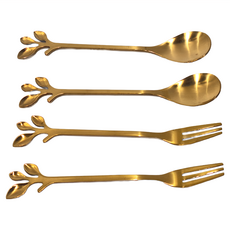 Caldo卡朵生活 小枝葉造型不鏽鋼叉勺 - 金色, 2支叉子(12.2 x 2.2cm) + 2支湯勺(12.2 x 2.4cm), 1組