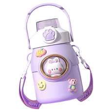 Mass 萌寵兒童不銹鋼保溫吸管杯, 奶薰紫 + 小貓, 650ml, 兒童保溫杯, 1個