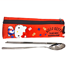 SHIERN-CHIU 廣億實業 HELLO KITTY 簡易餐具組，SUS 304食品級不鏽鋼 湯匙筷子套裝，附收納袋, 湯匙 208 x 40mm + 筷子 205 x 6mm + 收納袋 230 x 70mm, 鉛筆紅色, 1組
