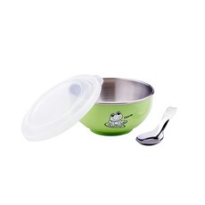 ZEBRA THAILAND 304不銹鋼兒童隔熱碗, 11cm, 250ml, 雙層隔熱設計, 可愛造型圖案, 綠色, 1組, 附湯匙