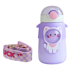 兒童不鏽鋼水壺, 304/316不鏽鋼材質, 耐熱100度, 保溫6-12小時, 600ML, 可調節背帶+吸管, 紫色貓咪, 1個