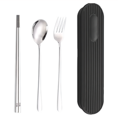 FOREVER 旅行外出用 316不鏽鋼環保餐具3件組 附收納盒, 筷子 + 叉子 + 湯匙, 銀色, 1組