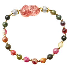 財神小舖 幸運碧璽 草莓晶貔貅手鍊 碧璽約0.4cm 灰月光石約0.6cm 貔貅約1.8 x 1.7cm, 草莓晶貔貅, 灰月光石(0.6cm) + 貔貅(1.8 x 1.7cm) + 碧璽(0.4cm), 1個