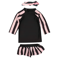 愛北鼻 女童長袖分體泳衣 Set 長袖上衣+泳褲+髮帶, 14碼, 黑粉條紋