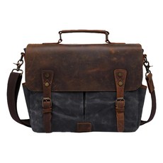 過蠟防潑水帆布配頭層瘋馬牛皮翻蓋肩背手提包男包 單肩/斜跨/手提 A4文件, 深灰色