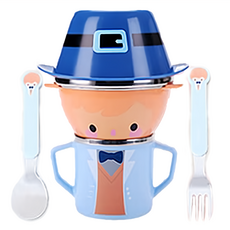 baby mambo 蔓葆 兒童餐具 MY BEST FRIENDS 系列 304不鏽鋼餐具5件組禮盒, 碗 x 2 + 水杯 + 湯匙 + 叉子, 藍色紳士凱文, 1組