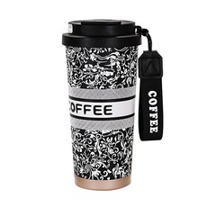 316不鏽鋼雙飲晶瓷咖啡隨行杯 18.5 x 9.2cm, 黑鈴蘭紋, 500ml, 1個