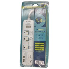 Kinyo 高溫斷電延長線 3孔 4開3插 3USB 475g, 1.8m, GIU-3436, 1條