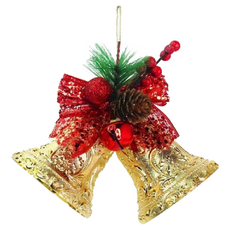 摩達客 聖誕裝飾金色雙花鐘吊飾-紅金色, 15 x 15cm, 1組