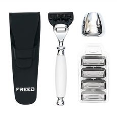FREED 尊爵五刀式刮鬍刀 兩周年特仕款 鍍鉻底座 含旅行保護套 適用吉列鋒癮五刀式刀片, 1組, 1盒