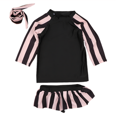 愛北鼻 女童長袖分體泳衣 黑粉條紋 長袖上衣+泳褲+髮帶