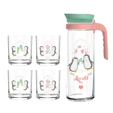 Ocean Glass 企鵝一壺四杯禮盒組 1公斤 粉色 玻璃材質 壺容量: 1390ml 杯容量: 285ml 泰國產, 壺1390ml + 杯285ml x 4, 企鵝, 1組