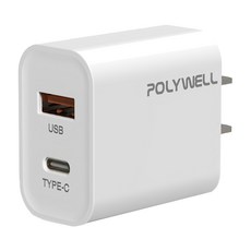 POLYWELL 寶利威爾 20W 雙孔 Type-A + Type-C 充電頭 PD快充 白色 PW15-T05-A007 1個 適用於蘋果iPhone