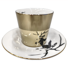 Luycho 鏡面倒影動物圖案咖啡杯 杯具+盤 Set, 麋鹿 金色, 1組