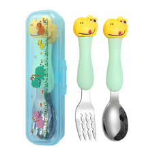 兒童304不鏽鋼可愛卡通餐具組-黃色小恐龍, 湯匙 + 叉子 + 盒子, 1組