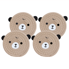 藤編隔熱墊 棉繩材質 18cm, 卡其小熊, 4個