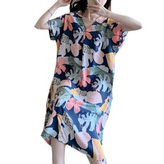 NEW FORCE 知性美V領清新居家長裙 氣質印花 寬鬆舒適, 均碼, 藏青葉, 1件