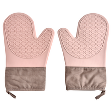 Homely Zakka 北歐加厚耐高溫防水矽膠雙層隔熱防燙手套 食品級矽膠+纖維棉, 莫蘭迪粉 + 奶茶咖, 1雙