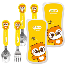 Edison Friends 兒童餐具組 黃色貓頭鷹, 湯匙 2支 + 叉子 2支 + 收納盒 2個, 1組