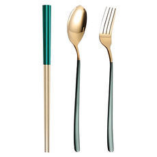 北歐風隨行304不鏽鋼餐具三件組, 筷子 + 湯匙 + 叉子, 三色隨機出貨(黑金 + 墨綠金 + 紅金), 1組