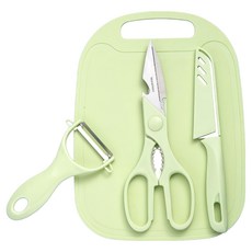 YUNMI 廚房刀具4件組 綠色, 砧板 290 x 190mm + 刮皮器 125 x 75mm + 水果刀 198 x 25mm + 剪刀 205 x 75mm, 1組