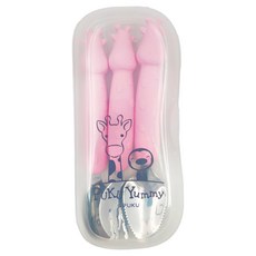 PUKU 藍色企鵝 長頸鹿不鏽鋼叉勺組, 適合18個月以上寶寶使用, 湯匙 + 叉子 + 果泥勺 + 收納盒, 粉色, 1組