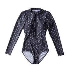 連體泳裝 長袖拉鍊, XL, 黑底雪花紛飛