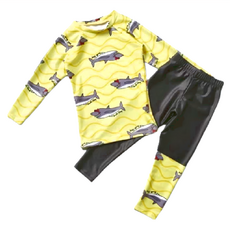 男童長袖分體泳衣 XXXXL 上衣+泳褲套裝, 黃波浪鯊魚, 1組
