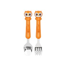 Edison 朋友 Ring指環訓練湯叉組, 湯匙弧度設計, 叉子溝型鋸齒結構, 訓練寶貝自己吃飯, 貓頭鷹 橘, 湯匙+叉子, 1組