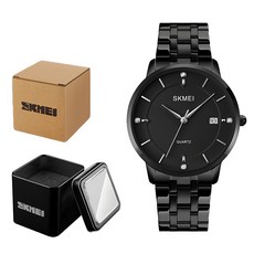 SKMEI 時刻美 簡約男士商務手錶, 水鑽鑲嵌 30米防水 不鏽鋼錶帶 石英機芯, 黑色