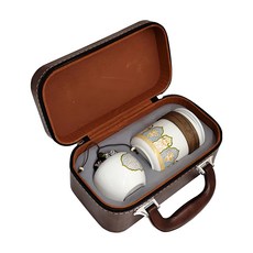 BOACUP 旅行茶具 咖啡皮箱 一壺三杯 附茶罐, 白色金盞花款, 1組, 壺 + 杯 3個 + 茶罐