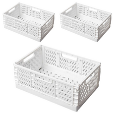 網格折疊收納籃, 加厚材質, 可疊疊設計, 白色, 30 x 20.3 x 12.5cm, 3個