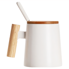 LifeHouse 木柄陶瓷馬克杯 情侶杯, 附竹製杯蓋, 配陶瓷小勺子, 白色, 1個